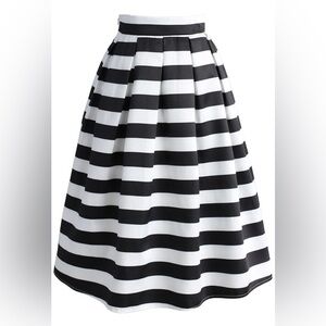 Stripes Full A-Line Midi Skirt Black White Small Chicwish